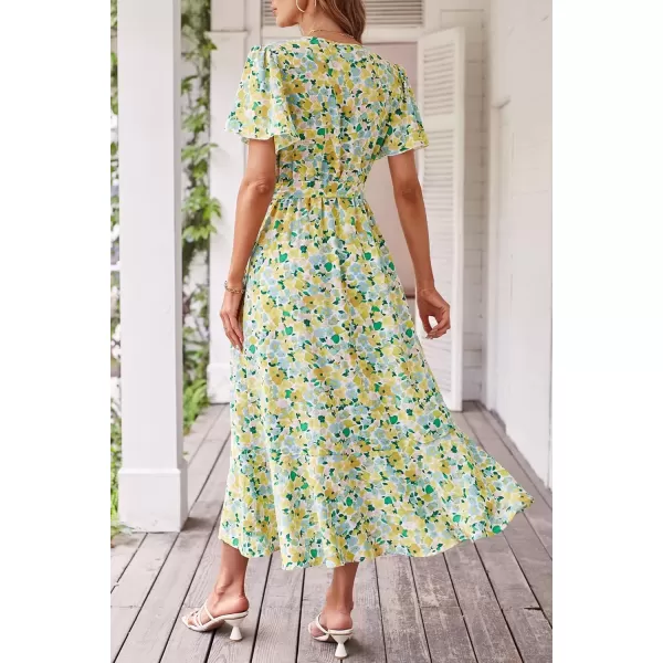 imagePRETTYGARDEN Womens 2024 Floral Boho Dress Wrap V Neck Short Sleeve Belted Ruffle Hem ALine Flowy Maxi DressesPrint White Yellow