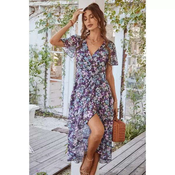 imagePRETTYGARDEN Womens 2024 Floral Boho Dress Wrap V Neck Short Sleeve Belted Ruffle Hem ALine Flowy Maxi DressesPurple Floral