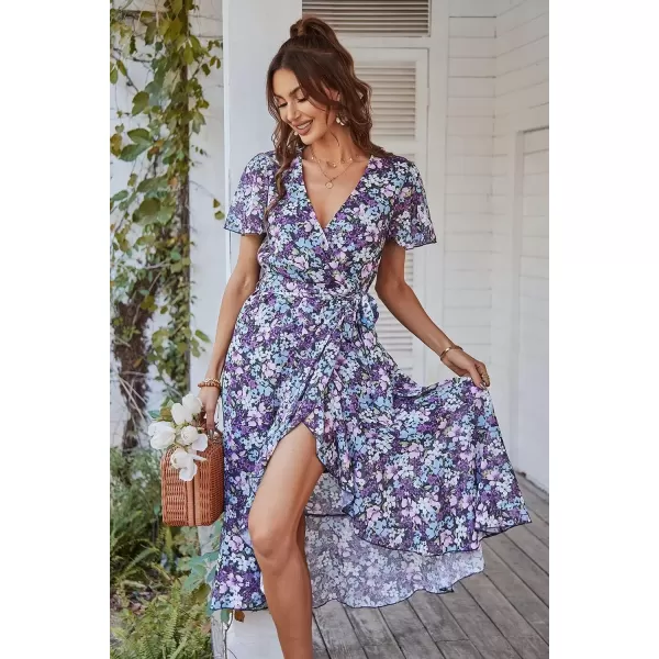 imagePRETTYGARDEN Womens 2024 Floral Boho Dress Wrap V Neck Short Sleeve Belted Ruffle Hem ALine Flowy Maxi DressesPurple Floral