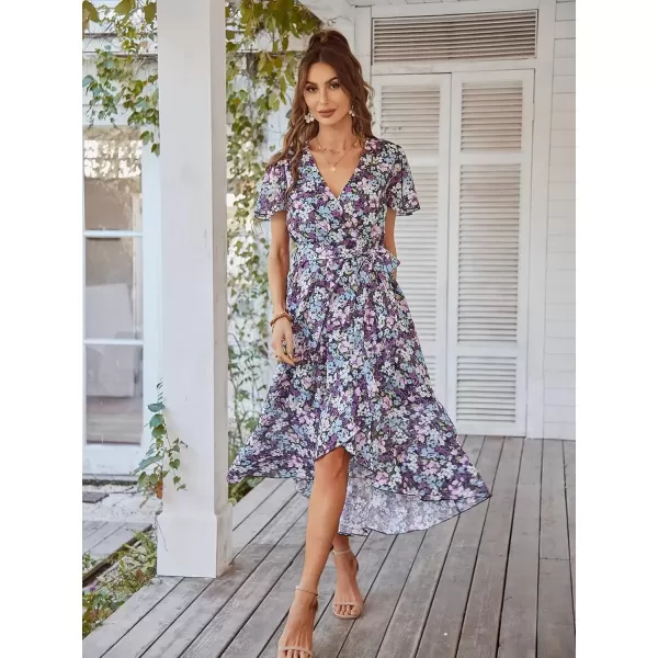 imagePRETTYGARDEN Womens 2024 Floral Boho Dress Wrap V Neck Short Sleeve Belted Ruffle Hem ALine Flowy Maxi DressesPurple Floral