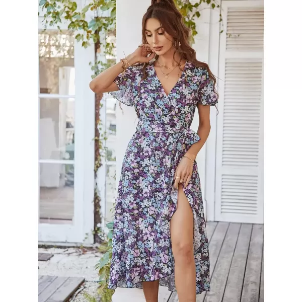 imagePRETTYGARDEN Womens 2024 Floral Boho Dress Wrap V Neck Short Sleeve Belted Ruffle Hem ALine Flowy Maxi DressesPurple Floral