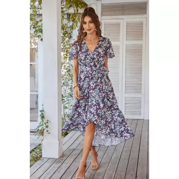 imagePRETTYGARDEN Womens 2024 Floral Boho Dress Wrap V Neck Short Sleeve Belted Ruffle Hem ALine Flowy Maxi DressesPurple Floral