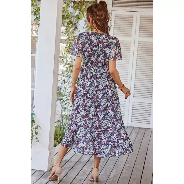 imagePRETTYGARDEN Womens 2024 Floral Boho Dress Wrap V Neck Short Sleeve Belted Ruffle Hem ALine Flowy Maxi DressesPurple Floral