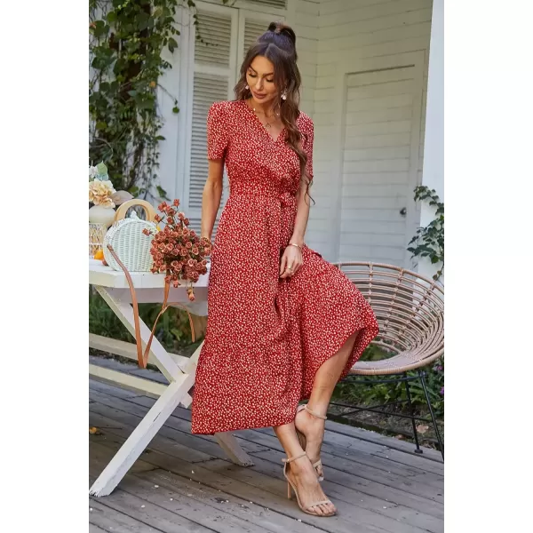 imagePRETTYGARDEN Womens 2024 Floral Boho Dress Wrap V Neck Short Sleeve Belted Ruffle Hem ALine Flowy Maxi DressesRed Floral
