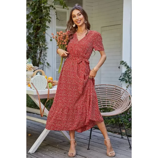 imagePRETTYGARDEN Womens 2024 Floral Boho Dress Wrap V Neck Short Sleeve Belted Ruffle Hem ALine Flowy Maxi DressesRed Floral