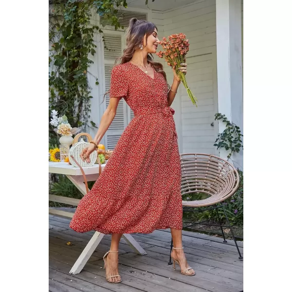 imagePRETTYGARDEN Womens 2024 Floral Boho Dress Wrap V Neck Short Sleeve Belted Ruffle Hem ALine Flowy Maxi DressesRed Floral