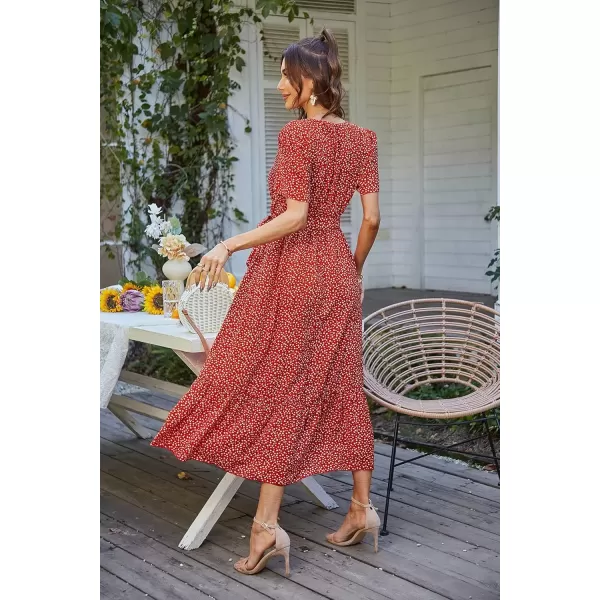 imagePRETTYGARDEN Womens 2024 Floral Boho Dress Wrap V Neck Short Sleeve Belted Ruffle Hem ALine Flowy Maxi DressesRed Floral