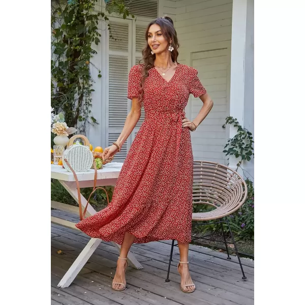 imagePRETTYGARDEN Womens 2024 Floral Boho Dress Wrap V Neck Short Sleeve Belted Ruffle Hem ALine Flowy Maxi DressesRed Floral