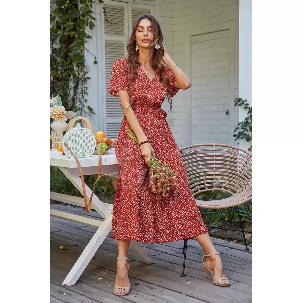 imagePRETTYGARDEN Womens 2024 Floral Boho Dress Wrap V Neck Short Sleeve Belted Ruffle Hem ALine Flowy Maxi DressesRed Floral