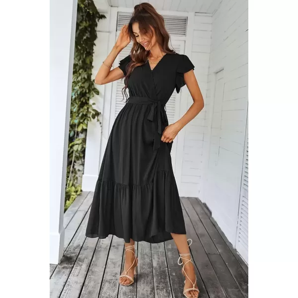 imagePRETTYGARDEN Womens 2024 Floral Boho Dress Wrap V Neck Short Sleeve Belted Ruffle Hem ALine Flowy Maxi DressesSolid Black