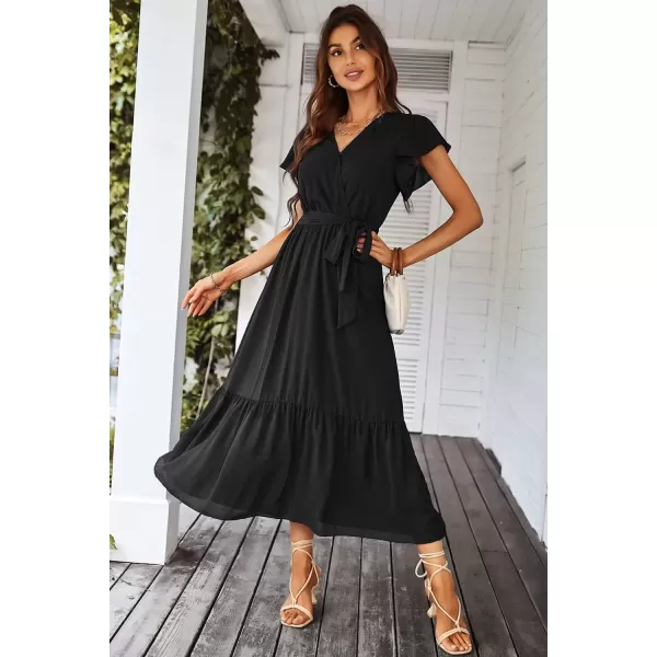 imagePRETTYGARDEN Womens 2024 Floral Boho Dress Wrap V Neck Short Sleeve Belted Ruffle Hem ALine Flowy Maxi DressesSolid Black