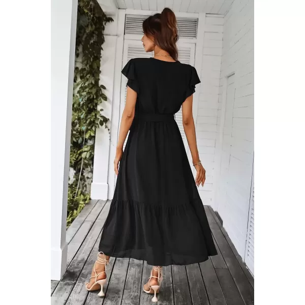 imagePRETTYGARDEN Womens 2024 Floral Boho Dress Wrap V Neck Short Sleeve Belted Ruffle Hem ALine Flowy Maxi DressesSolid Black