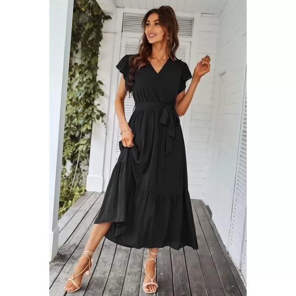 imagePRETTYGARDEN Womens 2024 Floral Boho Dress Wrap V Neck Short Sleeve Belted Ruffle Hem ALine Flowy Maxi DressesSolid Black