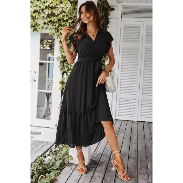 imagePRETTYGARDEN Womens 2024 Floral Boho Dress Wrap V Neck Short Sleeve Belted Ruffle Hem ALine Flowy Maxi DressesSolid Black