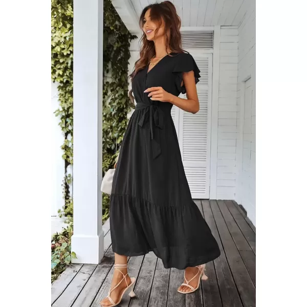 imagePRETTYGARDEN Womens 2024 Floral Boho Dress Wrap V Neck Short Sleeve Belted Ruffle Hem ALine Flowy Maxi DressesSolid Black