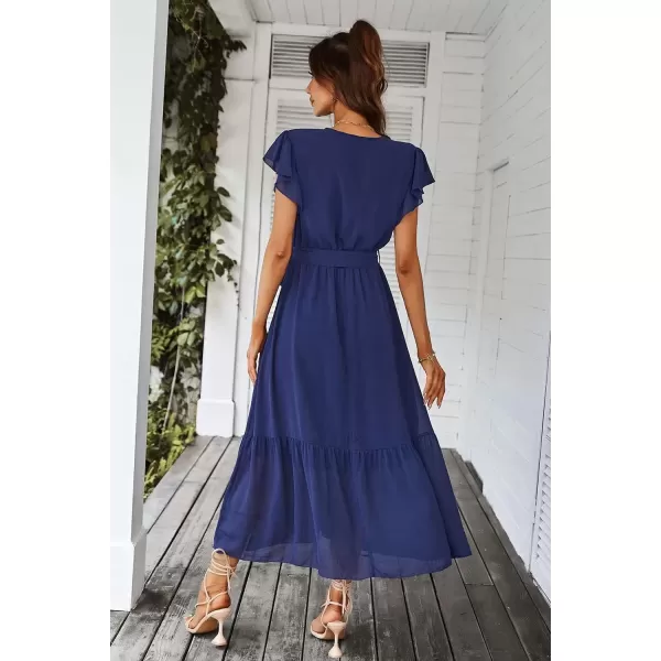 imagePRETTYGARDEN Womens 2024 Floral Boho Dress Wrap V Neck Short Sleeve Belted Ruffle Hem ALine Flowy Maxi DressesSolid Blue