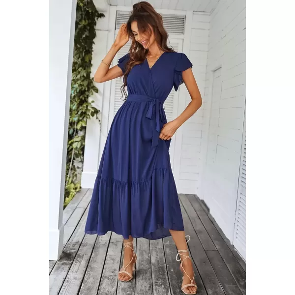 imagePRETTYGARDEN Womens 2024 Floral Boho Dress Wrap V Neck Short Sleeve Belted Ruffle Hem ALine Flowy Maxi DressesSolid Blue