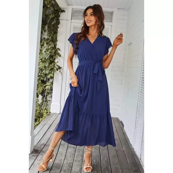 imagePRETTYGARDEN Womens 2024 Floral Boho Dress Wrap V Neck Short Sleeve Belted Ruffle Hem ALine Flowy Maxi DressesSolid Blue
