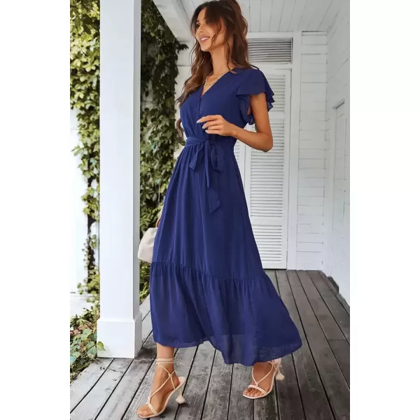 imagePRETTYGARDEN Womens 2024 Floral Boho Dress Wrap V Neck Short Sleeve Belted Ruffle Hem ALine Flowy Maxi DressesSolid Blue