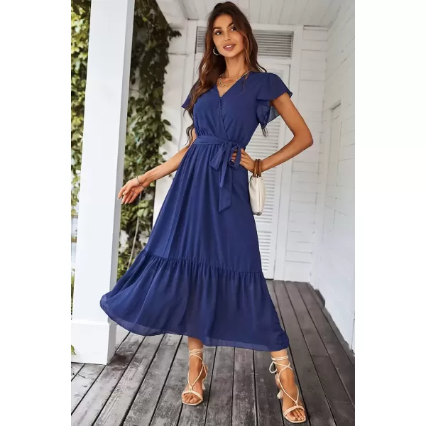 imagePRETTYGARDEN Womens 2024 Floral Boho Dress Wrap V Neck Short Sleeve Belted Ruffle Hem ALine Flowy Maxi DressesSolid Blue
