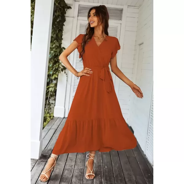 imagePRETTYGARDEN Womens 2024 Floral Boho Dress Wrap V Neck Short Sleeve Belted Ruffle Hem ALine Flowy Maxi DressesSolid Brick Red