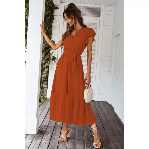 imagePRETTYGARDEN Womens 2024 Floral Boho Dress Wrap V Neck Short Sleeve Belted Ruffle Hem ALine Flowy Maxi DressesSolid Brick Red