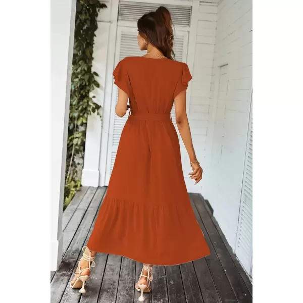imagePRETTYGARDEN Womens 2024 Floral Boho Dress Wrap V Neck Short Sleeve Belted Ruffle Hem ALine Flowy Maxi DressesSolid Brick Red