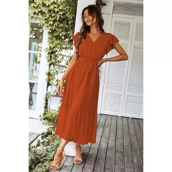 imagePRETTYGARDEN Womens 2024 Floral Boho Dress Wrap V Neck Short Sleeve Belted Ruffle Hem ALine Flowy Maxi DressesSolid Brick Red