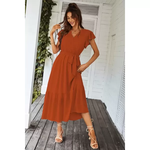 imagePRETTYGARDEN Womens 2024 Floral Boho Dress Wrap V Neck Short Sleeve Belted Ruffle Hem ALine Flowy Maxi DressesSolid Brick Red