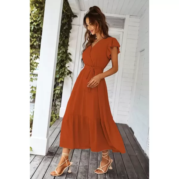 imagePRETTYGARDEN Womens 2024 Floral Boho Dress Wrap V Neck Short Sleeve Belted Ruffle Hem ALine Flowy Maxi DressesSolid Brick Red