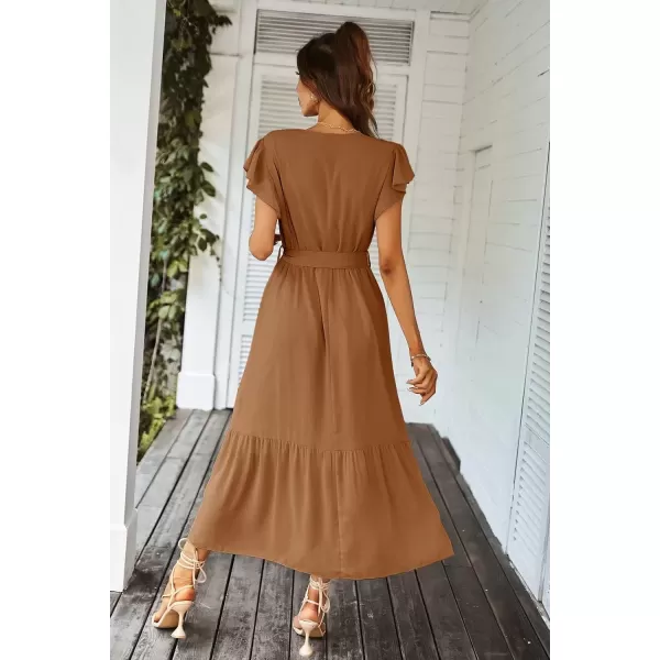 imagePRETTYGARDEN Womens 2024 Floral Boho Dress Wrap V Neck Short Sleeve Belted Ruffle Hem ALine Flowy Maxi DressesSolid Brown