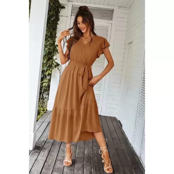 imagePRETTYGARDEN Womens 2024 Floral Boho Dress Wrap V Neck Short Sleeve Belted Ruffle Hem ALine Flowy Maxi DressesSolid Brown