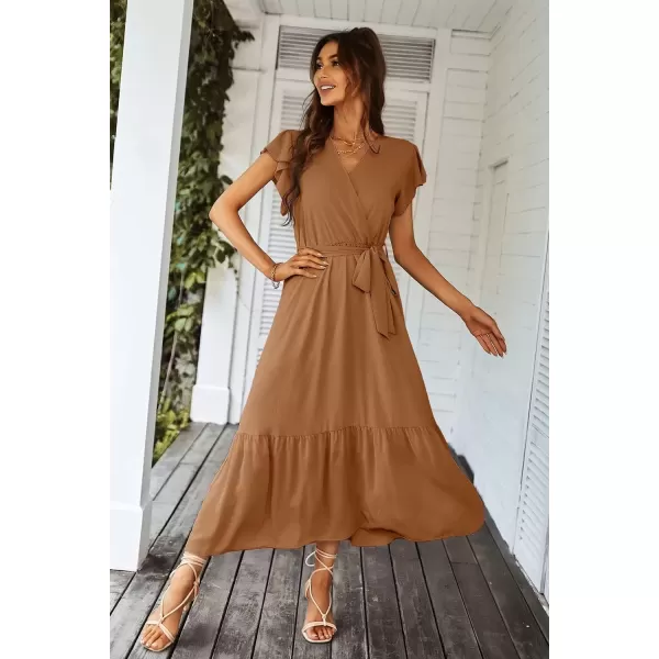 imagePRETTYGARDEN Womens 2024 Floral Boho Dress Wrap V Neck Short Sleeve Belted Ruffle Hem ALine Flowy Maxi DressesSolid Brown
