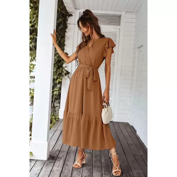 imagePRETTYGARDEN Womens 2024 Floral Boho Dress Wrap V Neck Short Sleeve Belted Ruffle Hem ALine Flowy Maxi DressesSolid Brown