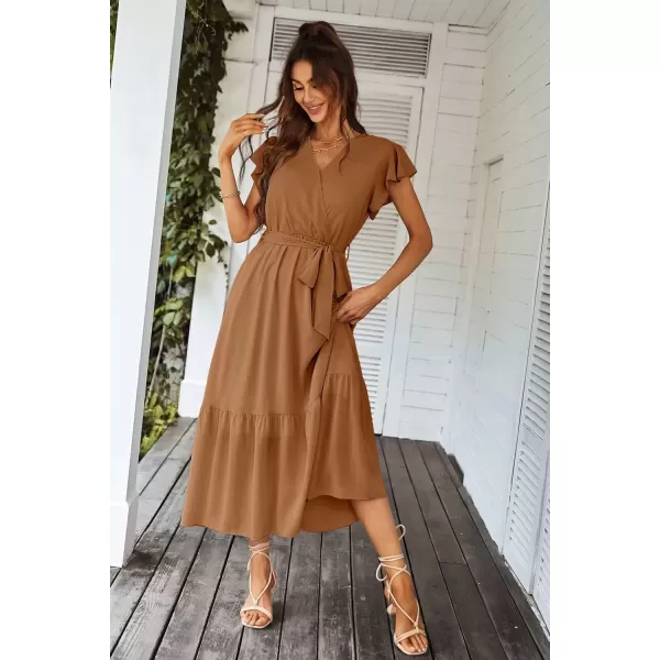 imagePRETTYGARDEN Womens 2024 Floral Boho Dress Wrap V Neck Short Sleeve Belted Ruffle Hem ALine Flowy Maxi DressesSolid Brown
