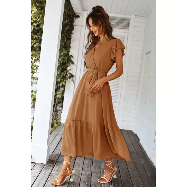 imagePRETTYGARDEN Womens 2024 Floral Boho Dress Wrap V Neck Short Sleeve Belted Ruffle Hem ALine Flowy Maxi DressesSolid Brown