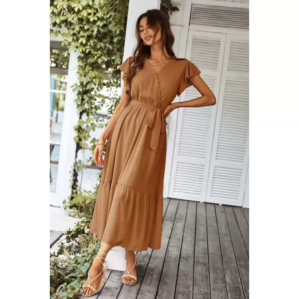 imagePRETTYGARDEN Womens 2024 Floral Boho Dress Wrap V Neck Short Sleeve Belted Ruffle Hem ALine Flowy Maxi DressesSolid Brown