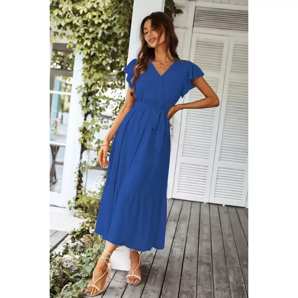 imagePRETTYGARDEN Womens 2024 Floral Boho Dress Wrap V Neck Short Sleeve Belted Ruffle Hem ALine Flowy Maxi DressesSolid Dark Blue