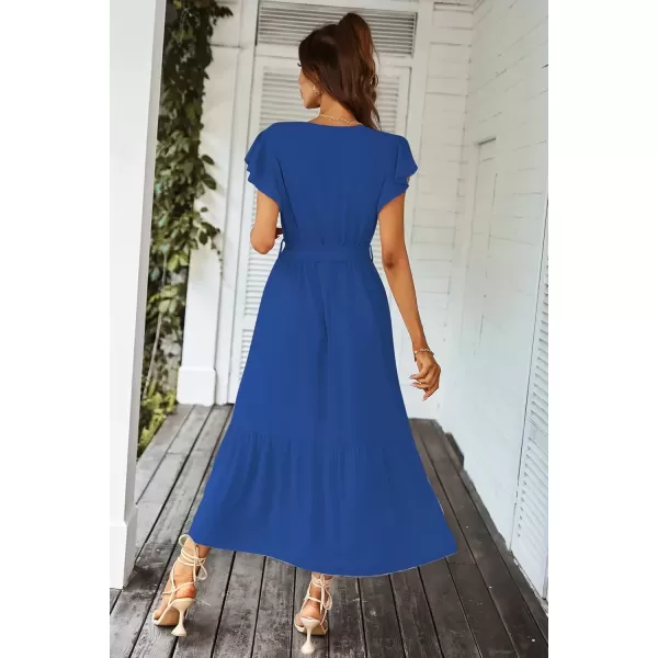 imagePRETTYGARDEN Womens 2024 Floral Boho Dress Wrap V Neck Short Sleeve Belted Ruffle Hem ALine Flowy Maxi DressesSolid Dark Blue