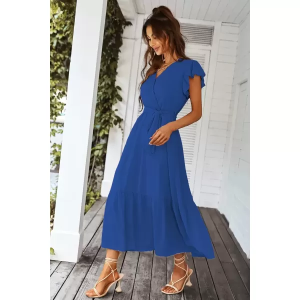 imagePRETTYGARDEN Womens 2024 Floral Boho Dress Wrap V Neck Short Sleeve Belted Ruffle Hem ALine Flowy Maxi DressesSolid Dark Blue