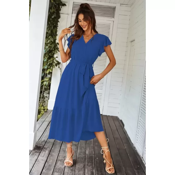 imagePRETTYGARDEN Womens 2024 Floral Boho Dress Wrap V Neck Short Sleeve Belted Ruffle Hem ALine Flowy Maxi DressesSolid Dark Blue