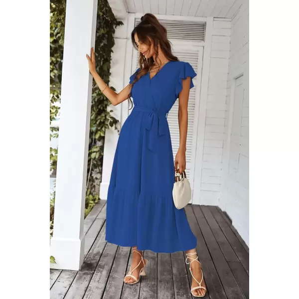 imagePRETTYGARDEN Womens 2024 Floral Boho Dress Wrap V Neck Short Sleeve Belted Ruffle Hem ALine Flowy Maxi DressesSolid Dark Blue