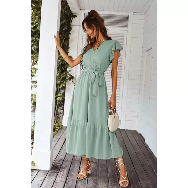 imagePRETTYGARDEN Womens 2024 Floral Boho Dress Wrap V Neck Short Sleeve Belted Ruffle Hem ALine Flowy Maxi DressesSolid Green