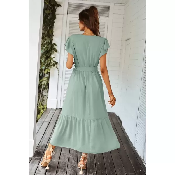 imagePRETTYGARDEN Womens 2024 Floral Boho Dress Wrap V Neck Short Sleeve Belted Ruffle Hem ALine Flowy Maxi DressesSolid Green