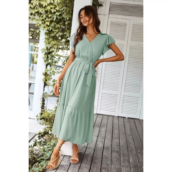 imagePRETTYGARDEN Womens 2024 Floral Boho Dress Wrap V Neck Short Sleeve Belted Ruffle Hem ALine Flowy Maxi DressesSolid Green