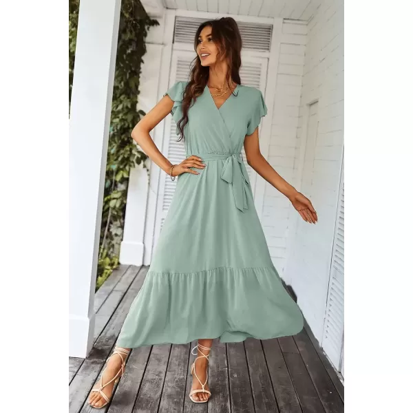 imagePRETTYGARDEN Womens 2024 Floral Boho Dress Wrap V Neck Short Sleeve Belted Ruffle Hem ALine Flowy Maxi DressesSolid Green
