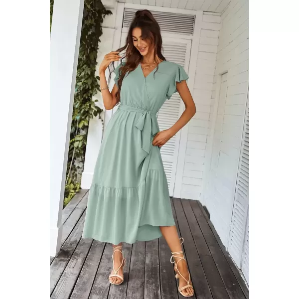 imagePRETTYGARDEN Womens 2024 Floral Boho Dress Wrap V Neck Short Sleeve Belted Ruffle Hem ALine Flowy Maxi DressesSolid Green