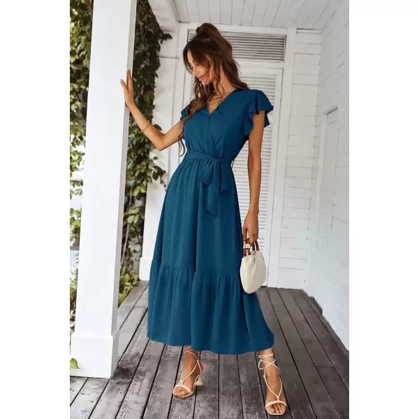 imagePRETTYGARDEN Womens 2024 Floral Boho Dress Wrap V Neck Short Sleeve Belted Ruffle Hem ALine Flowy Maxi DressesSolid Lake Blue