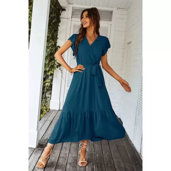 imagePRETTYGARDEN Womens 2024 Floral Boho Dress Wrap V Neck Short Sleeve Belted Ruffle Hem ALine Flowy Maxi DressesSolid Lake Blue