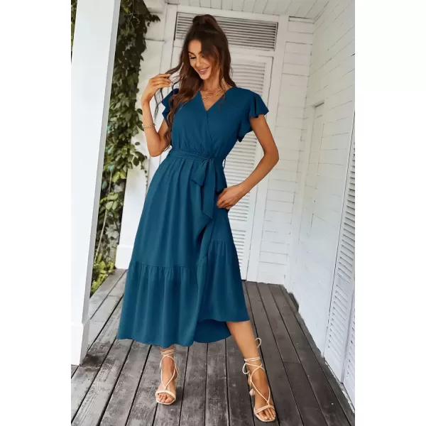 imagePRETTYGARDEN Womens 2024 Floral Boho Dress Wrap V Neck Short Sleeve Belted Ruffle Hem ALine Flowy Maxi DressesSolid Lake Blue